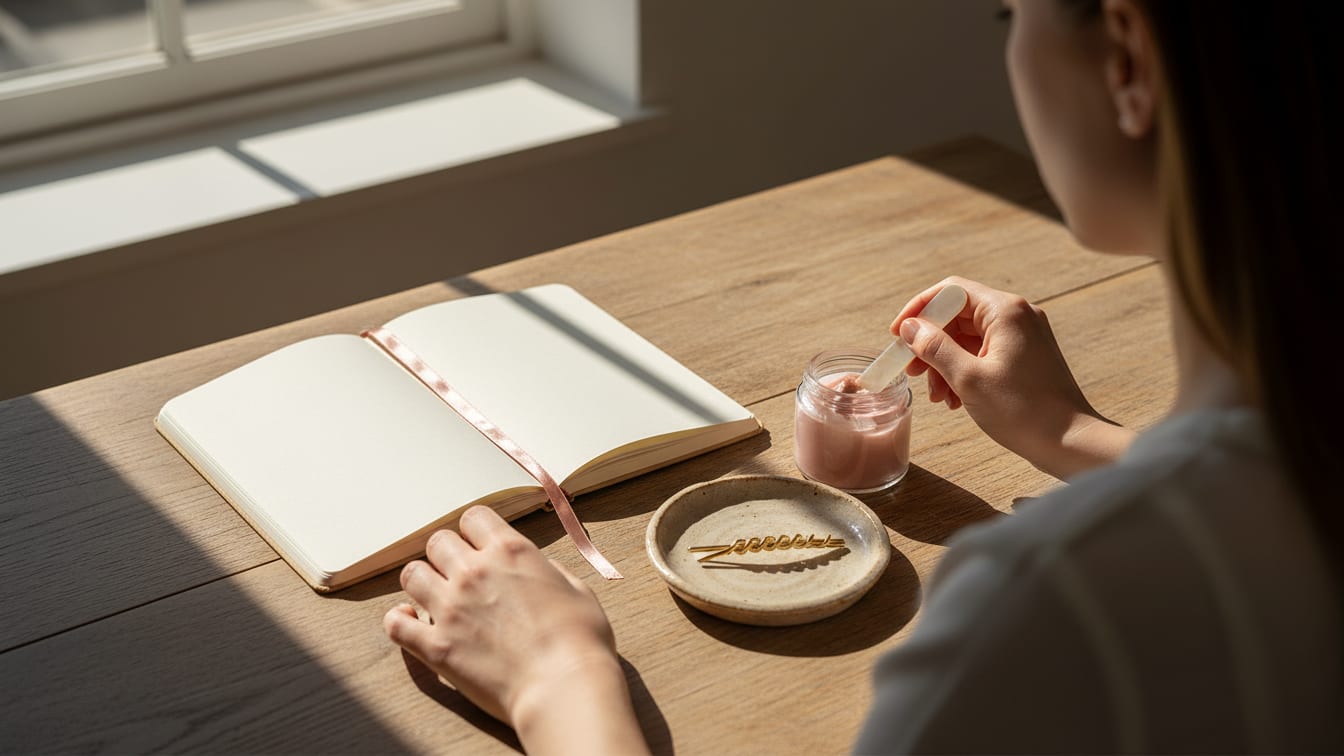 Illustration: A beauty editor's desk: a notebook, a ceramic dish with a gold hairpin, a small glass jar of cream.