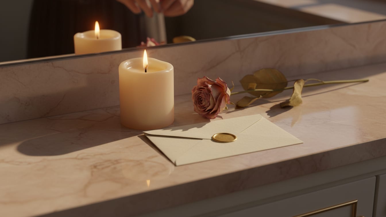 Illustration: A marble shelf with a candle, a small envelope and a dried flower in warm light.