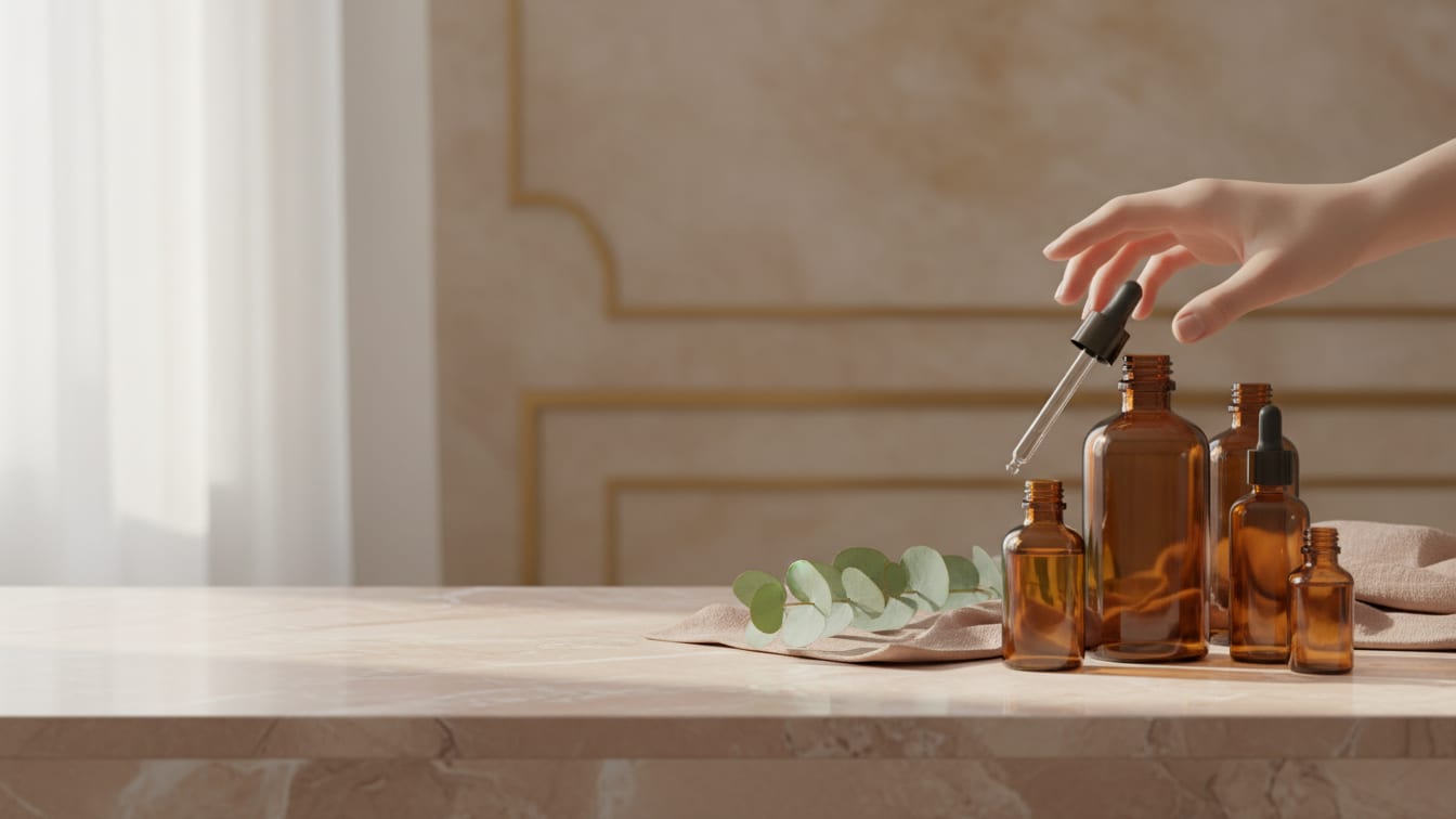 Illustration: A wide vanity in morning light: unbranded amber bottles, a glass dropper, a linen cloth and a sprig of.