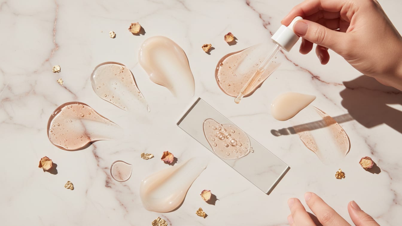 Illustration: Serum texture swatches and a glass slide on a marble surface, macro detail, soft light.