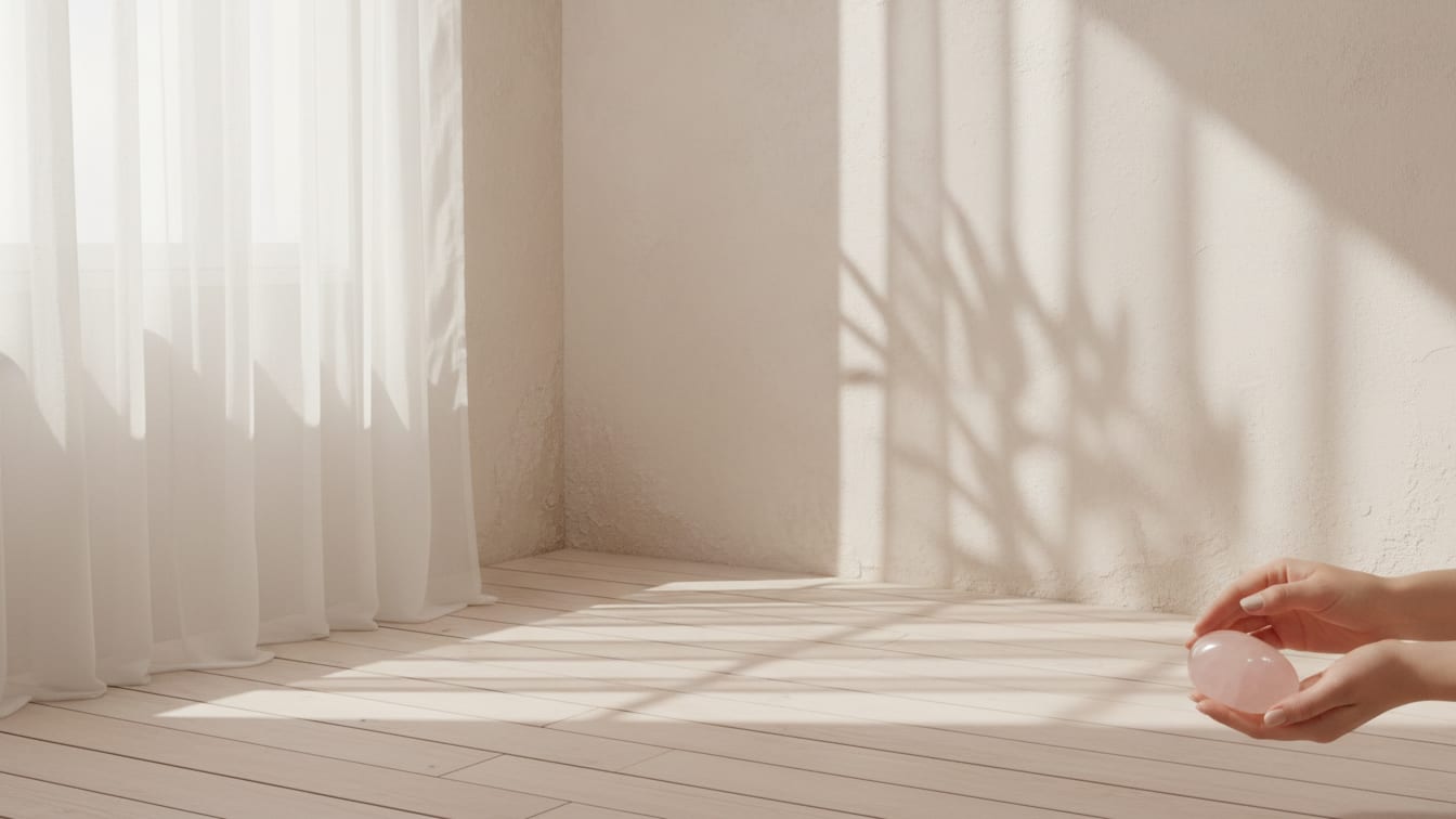 Illustration: Morning sunlight through a sheer curtain casting soft leaf shadows on a pale wall.