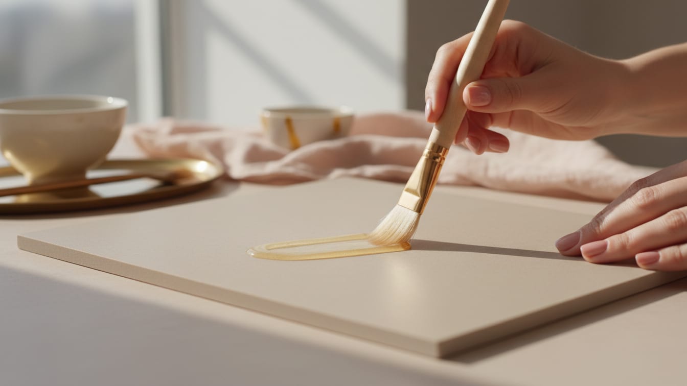Illustration: A delicate amber-gold peptide film is spread across a beige ceramic tile, reflecting morning light.