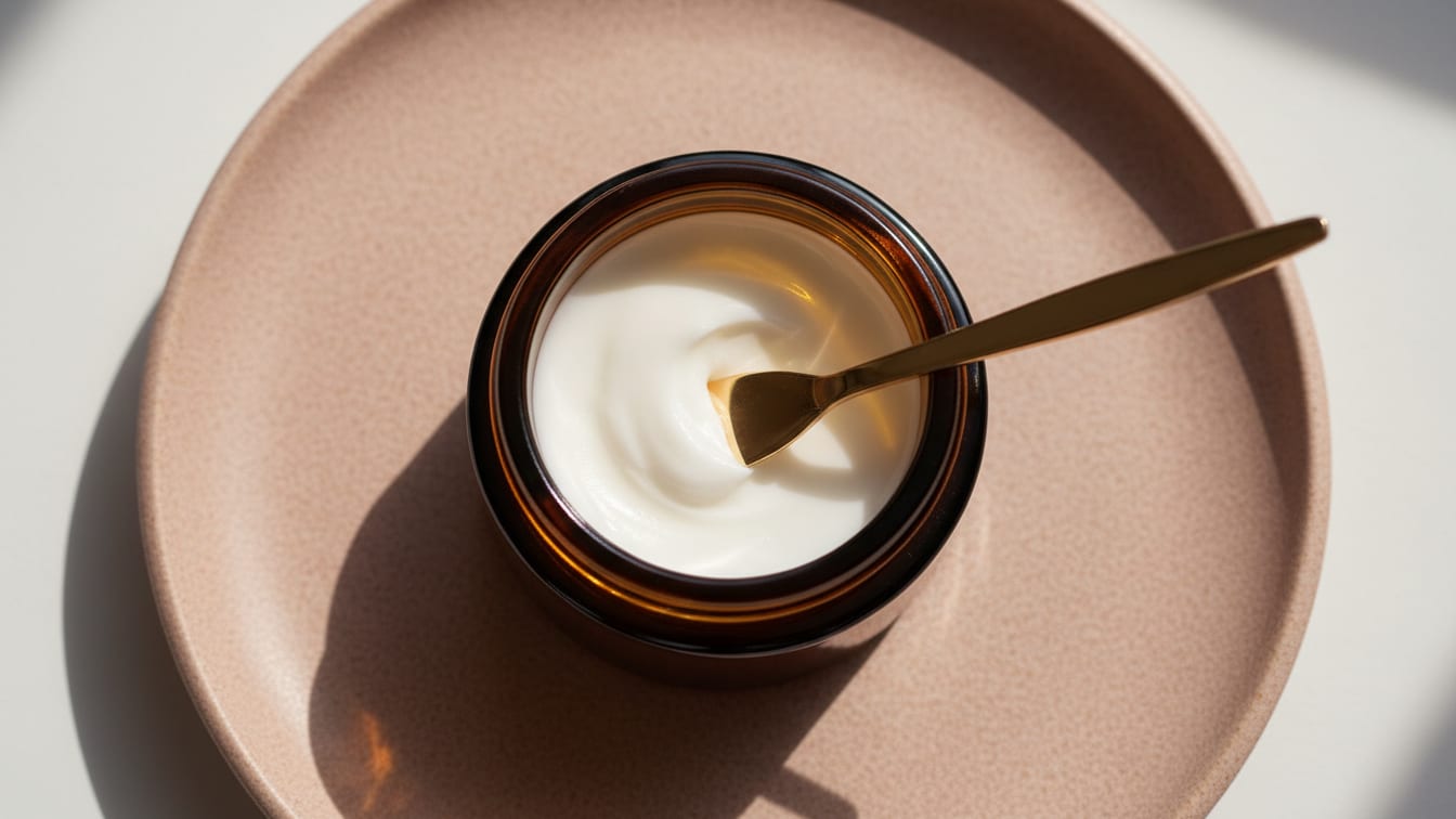 Illustration: A creamy balm in an amber jar with a golden-tipped spatula on a rose-beige surface.