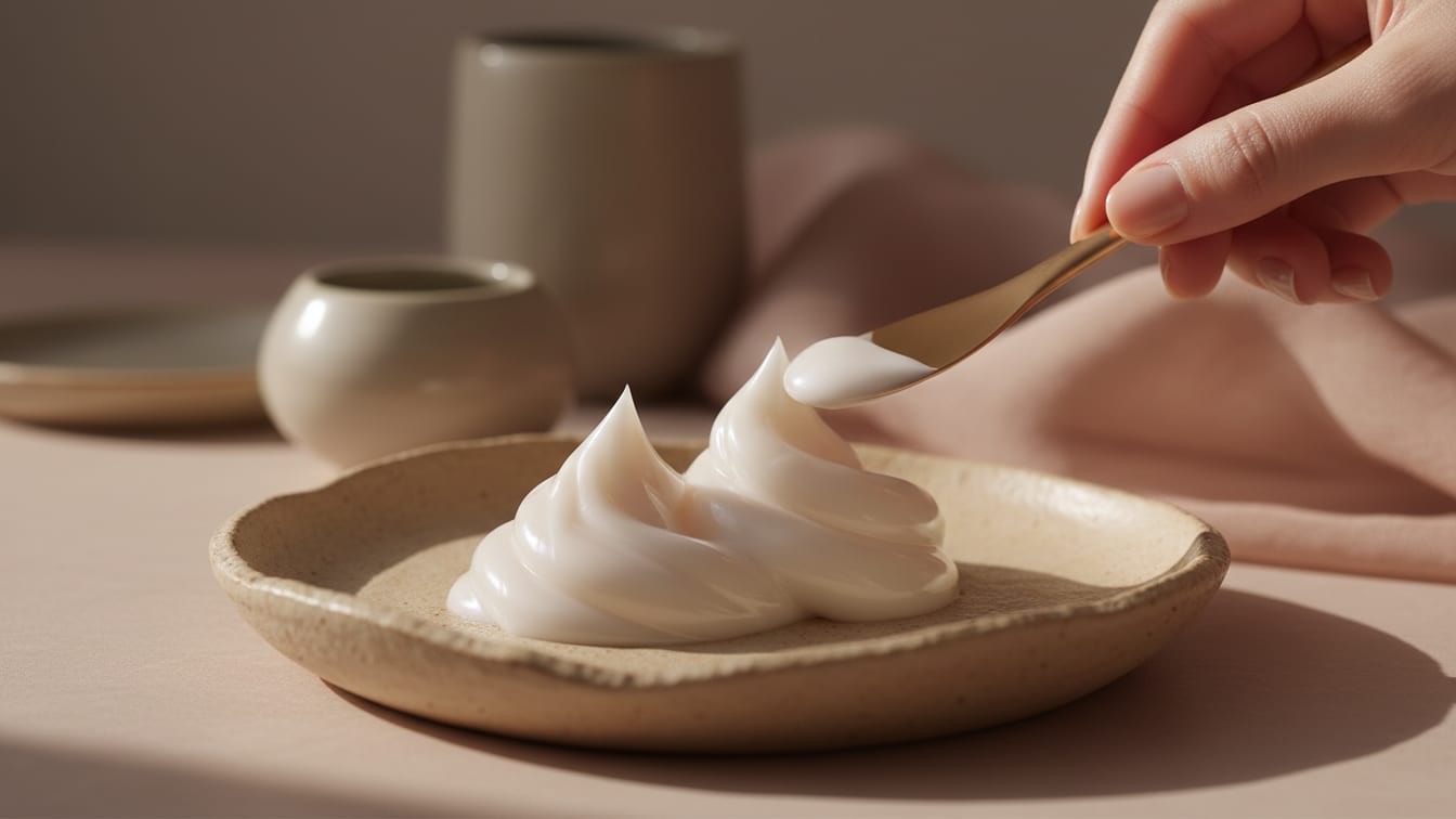 Illustration: Two elegant swatches of pearlescent cream on a warm beige ceramic dish, lit by morning light.