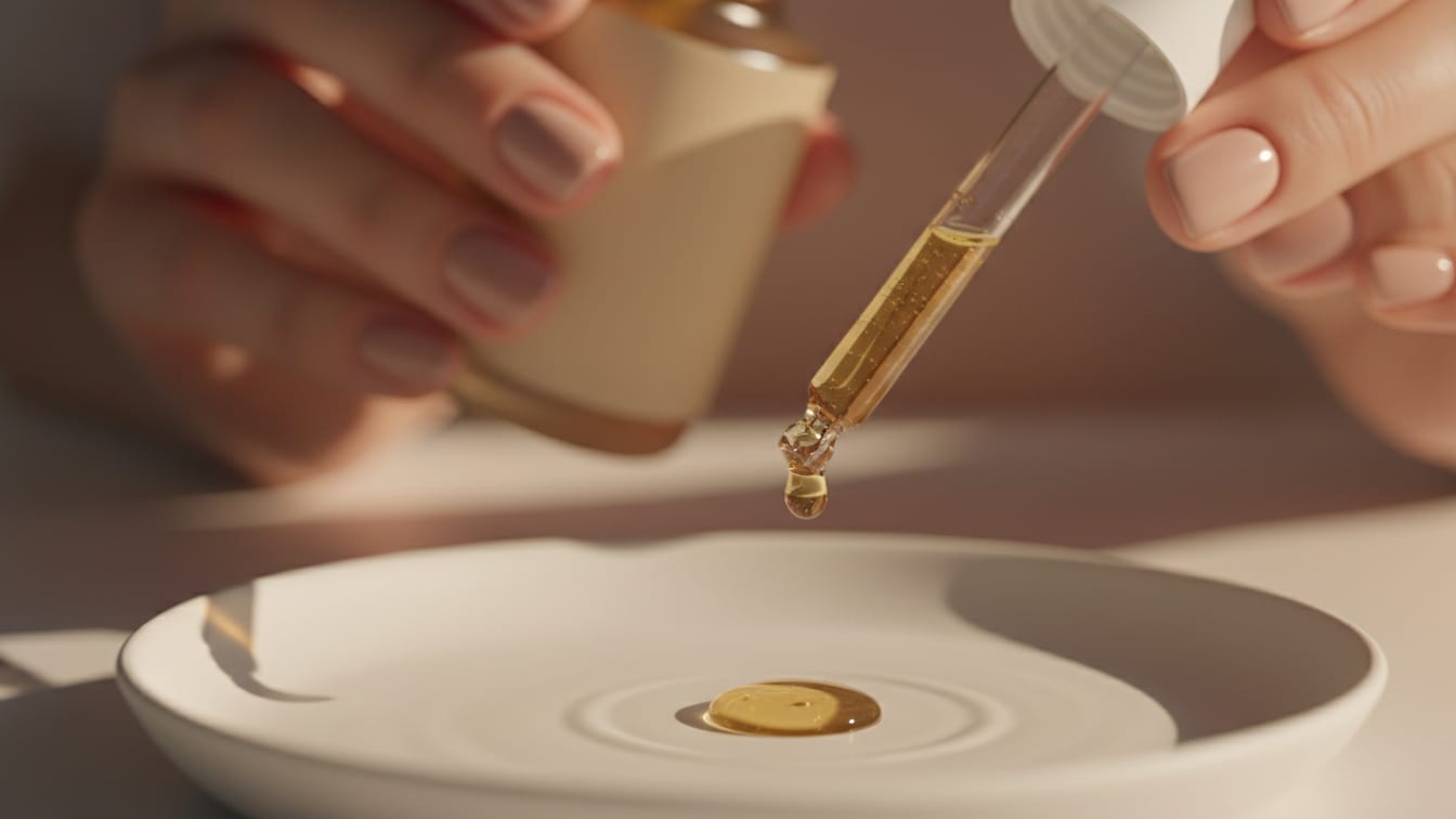 Illustration: A dropper dispenses a viscous drop onto a soft white ceramic surface, lit by warm morning light.