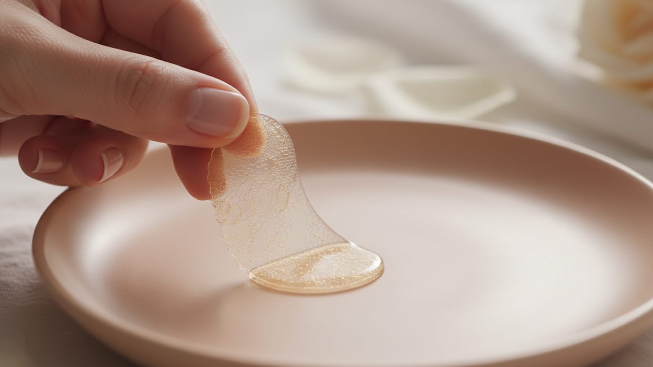 Illustration: A shimmering hydrogel eye patch on a rose-beige ceramic surface in soft morning light.