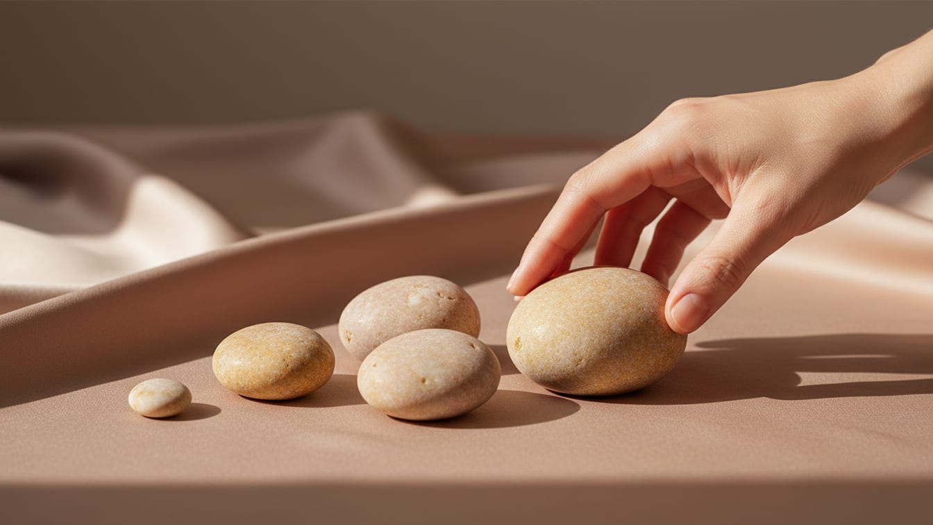 Illustration: Six polished pebbles of varying sizes on a rose-beige silk cloth, lit by natural light.