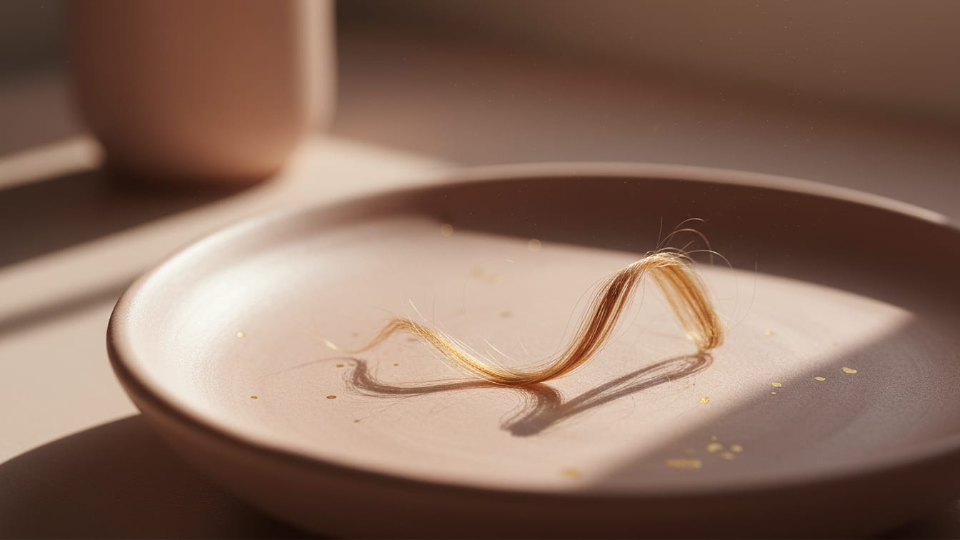 Illustration: A single strand of hair on a warm rose-beige ceramic surface, lit by natural light.