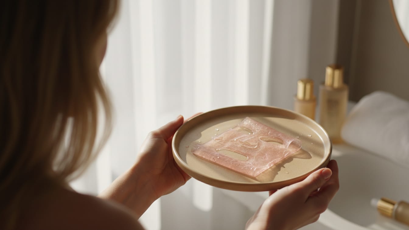 Illustration: A folded, rose-tinted hydrogel mask on a beige ceramic dish in soft morning light.