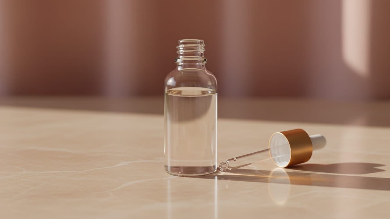 Illustration: An unbranded amber bottle with a gold dropper on a beige marble surface in soft light.