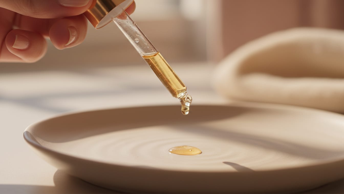 Illustration: A golden peptide serum drop falling from a glass dropper onto a pale beige ceramic surface.