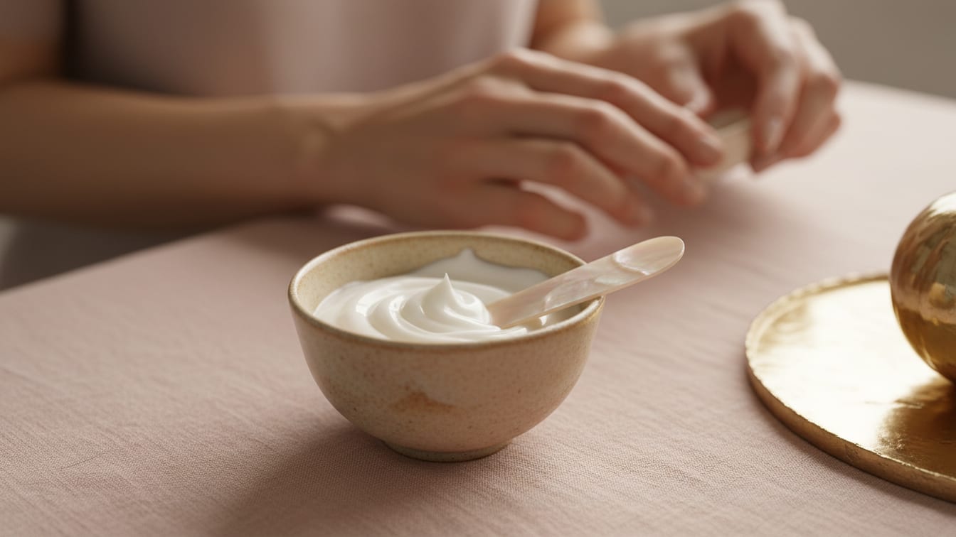 Illustration: A creamy white moisturizer in a beige ceramic bowl, bathed in soft morning light with golden accents.