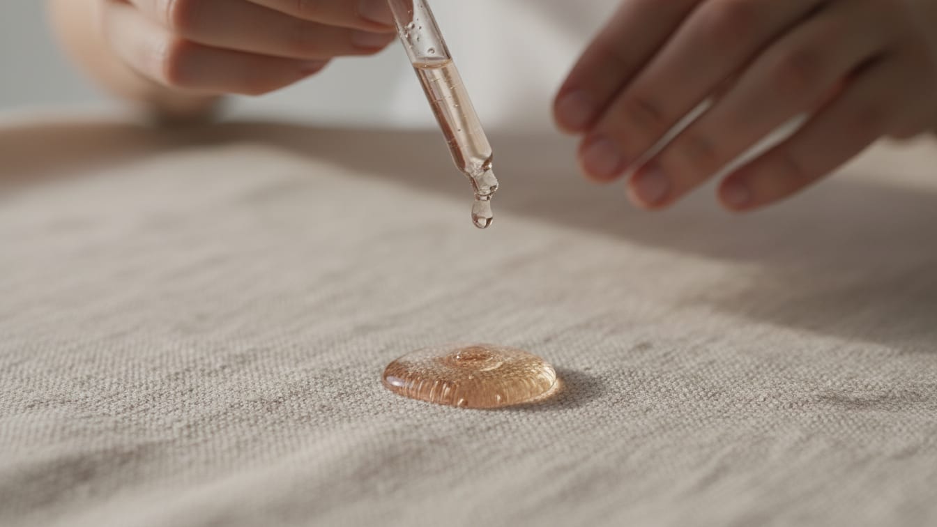 Illustration: A hand holds a glass dropper above a clear, rose-gold drop of serum on beige linen.