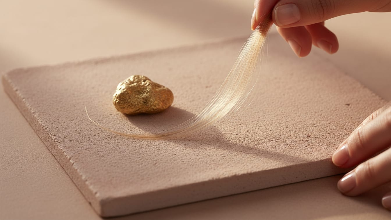 Illustration: A single strand of hair and a gold pebble on a rose-beige ceramic tile in soft morning light.