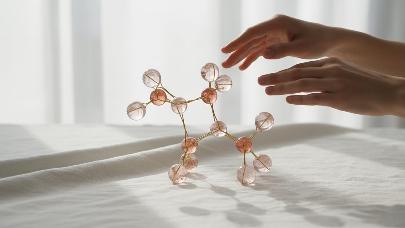 Illustration: A macro view of a peptide molecule model in warm rose, beige, and gold on a soft white surface.