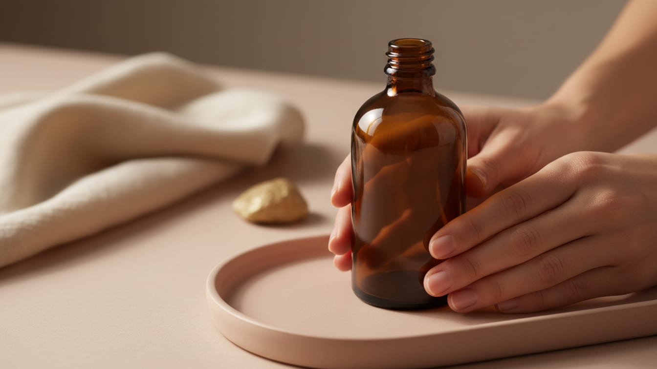 Illustration: An empty, unbranded amber glass bottle on a rose-beige ceramic surface in soft morning light.
