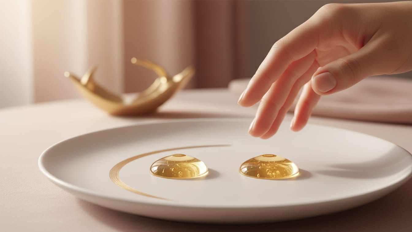 Illustration: Two golden liquid drops separated by a gold line on a white ceramic surface.