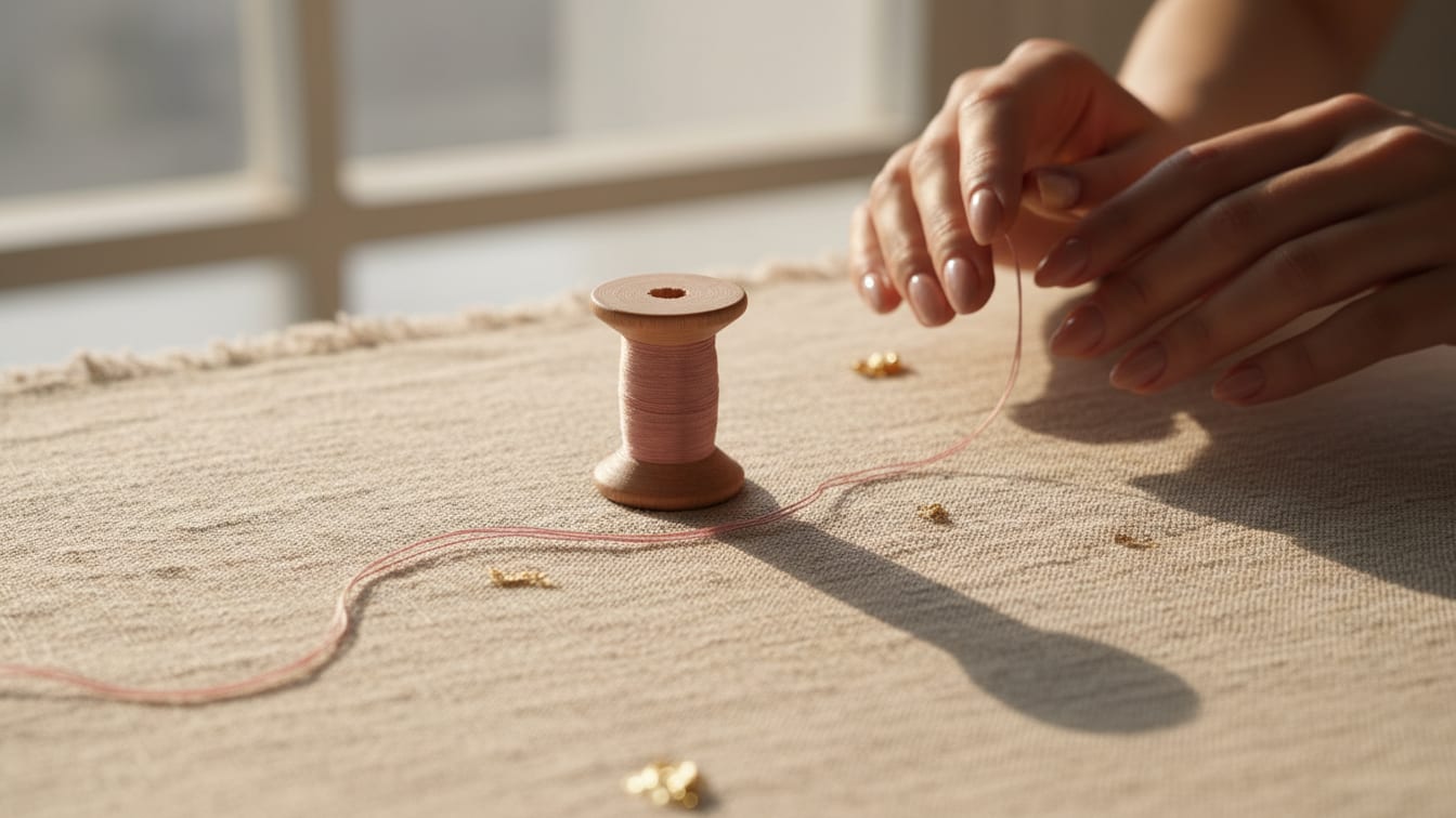 Illustration: A delicate thread unspooling from a rosewood spool on linen, in soft morning light.