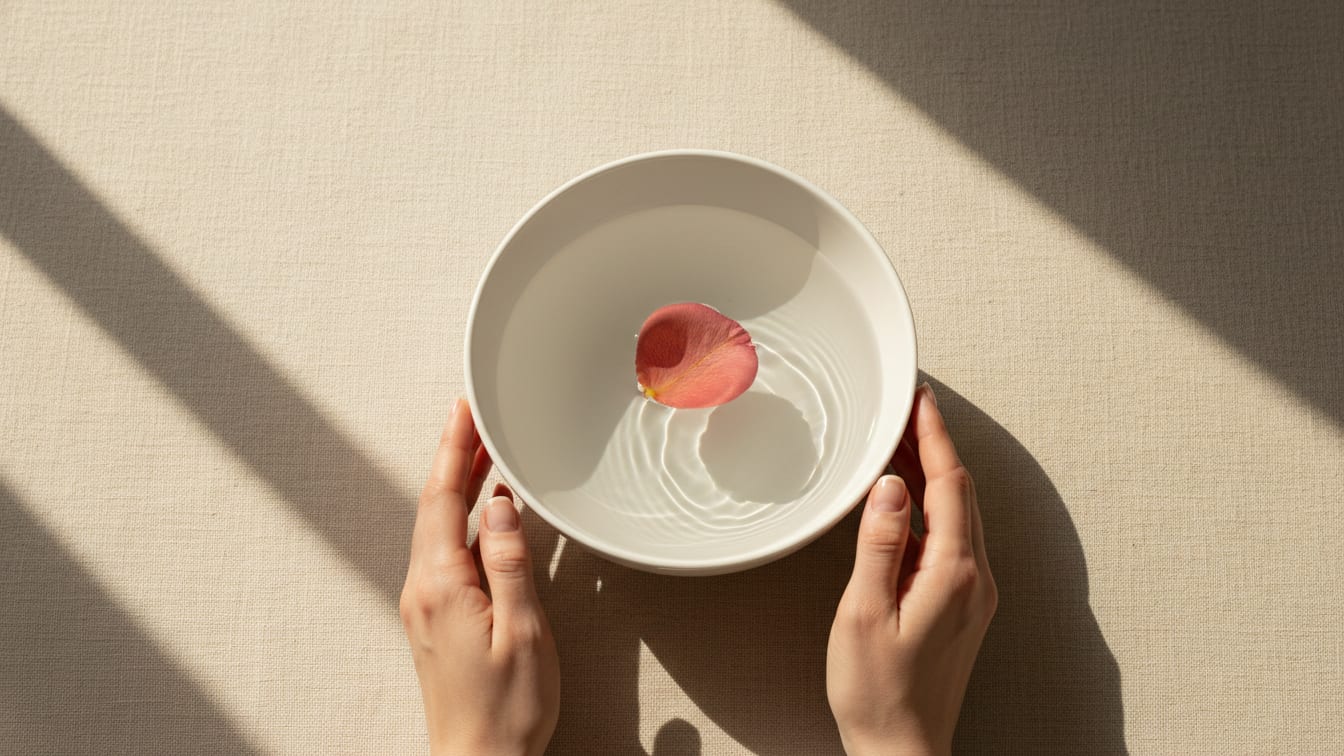 Illustration: A rose petal floats in a white ceramic bowl filled with water, bathed in morning light.