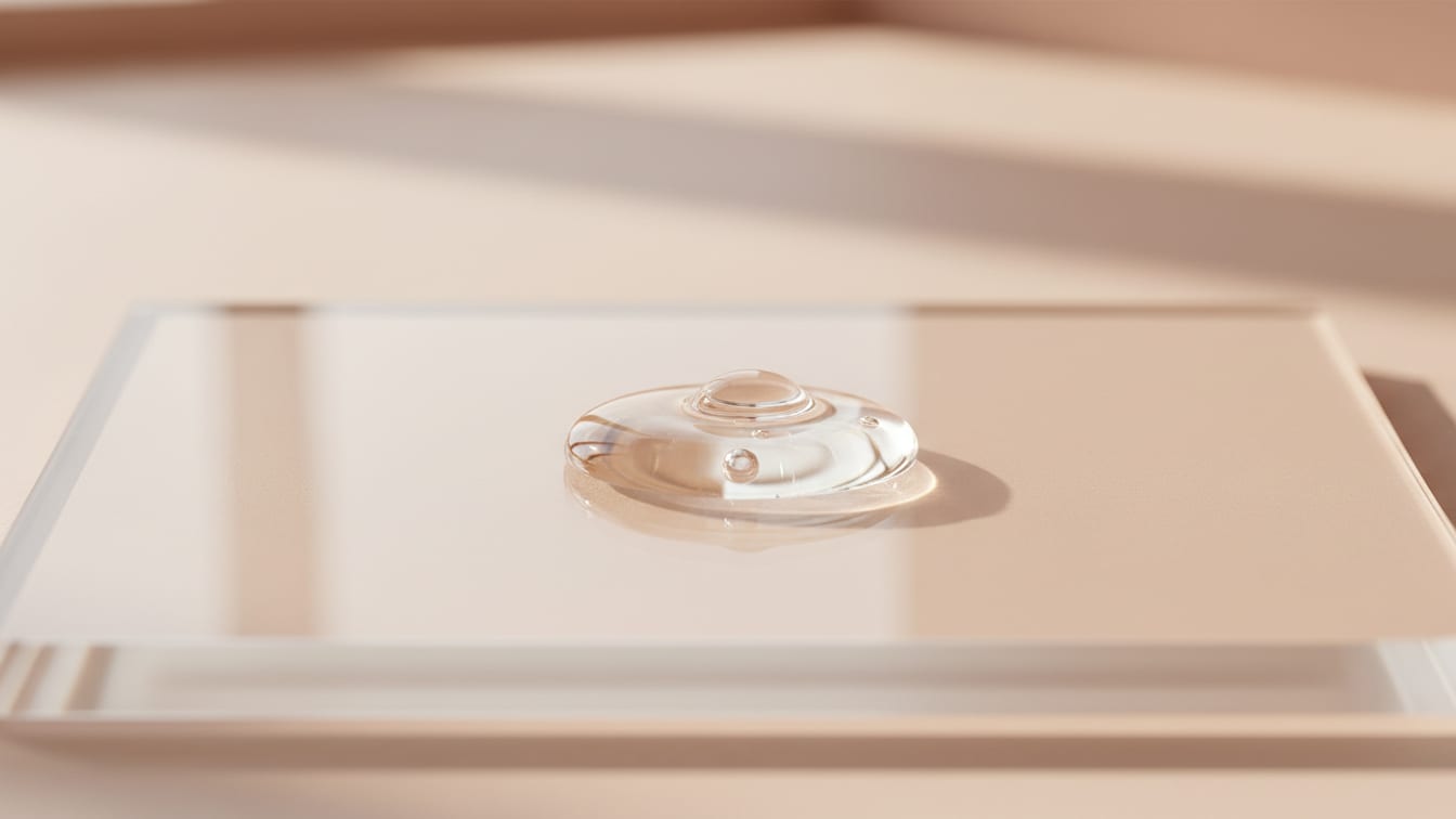 Illustration: A single glossy drop of clear gel on a pale rose-beige glass surface.