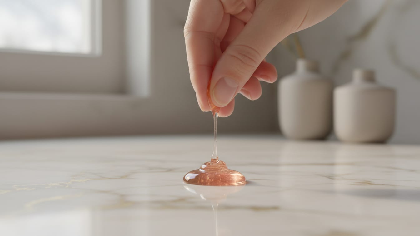 Illustration: A finger gently presses a translucent balm drop onto a gold-flecked marble surface in morning light.