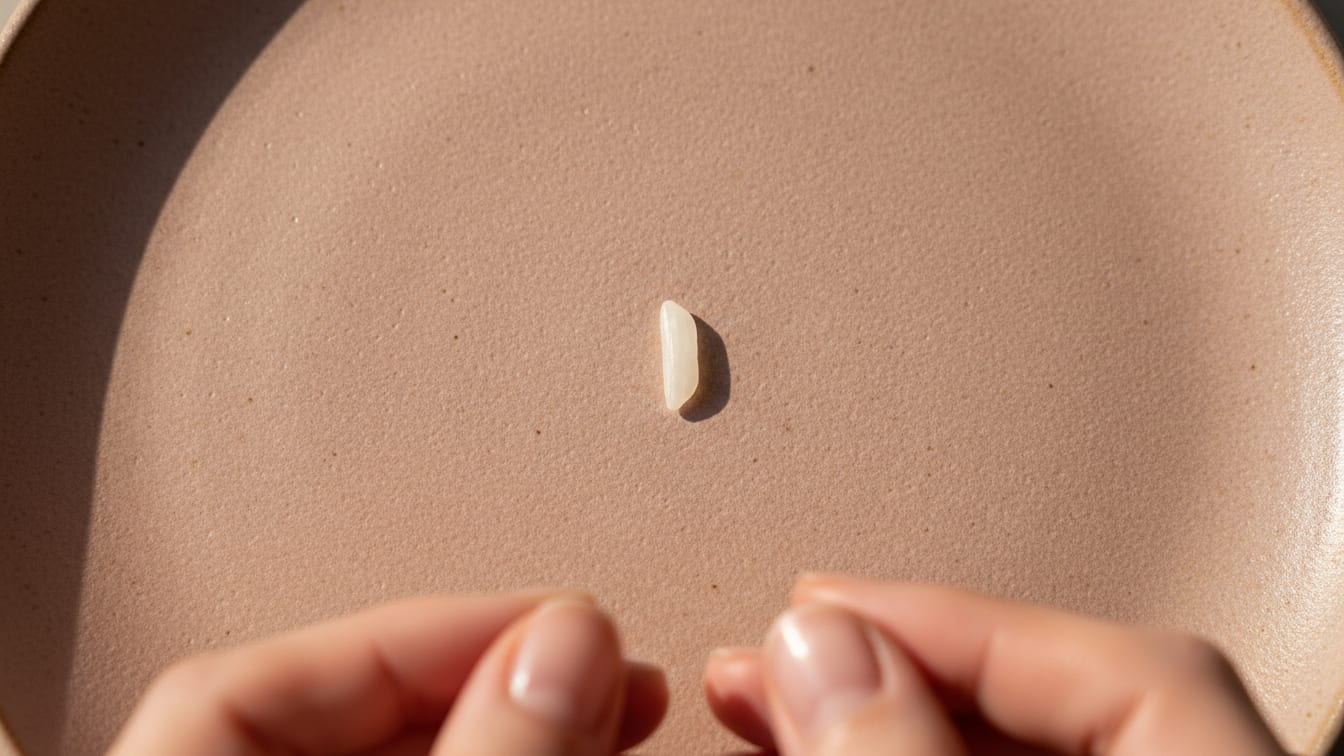 Illustration: A single grain of white rice on a rose-beige ceramic surface in soft, warm natural light.