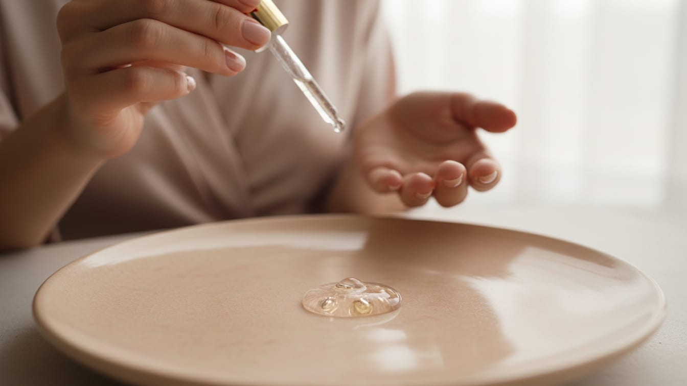 Illustration: A clear gel drop on a warm beige ceramic surface, with soft morning light and subtle gold reflections.
