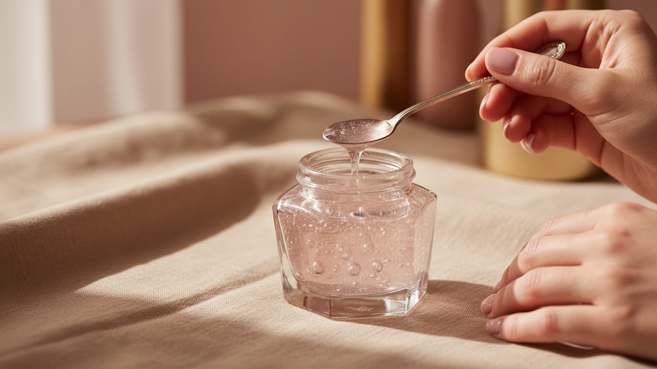 Illustration: A close-up of a glass jar of serum with a silver spoon on its rim, on a beige surface.