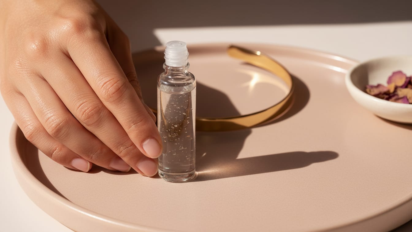 Illustration: A clear glass serum vial on a rose-beige surface with a gold accent, under natural light.