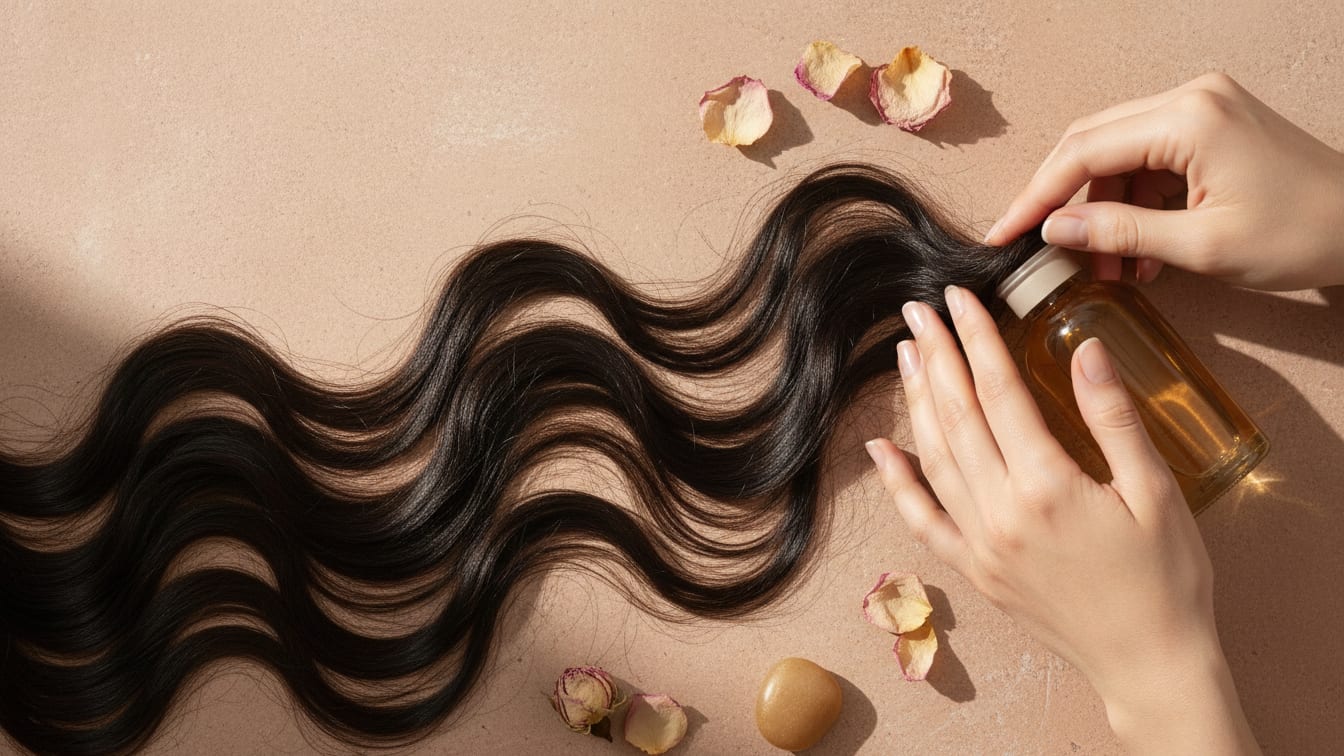 Illustration: Dark hair strands on a rose-beige ceramic tile with a hint of an amber bottle in natural light.