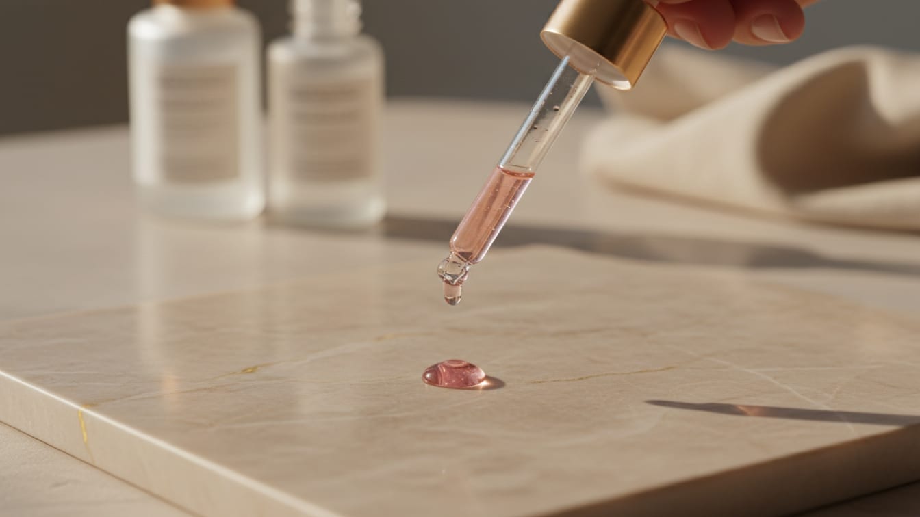 Illustration: A glass dropper releases serum onto a marble surface, creating a small, clear dome under soft light.