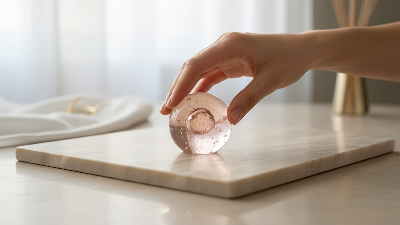 Illustration: A hand placing a translucent rose-tinted sphere on a pale marble board.