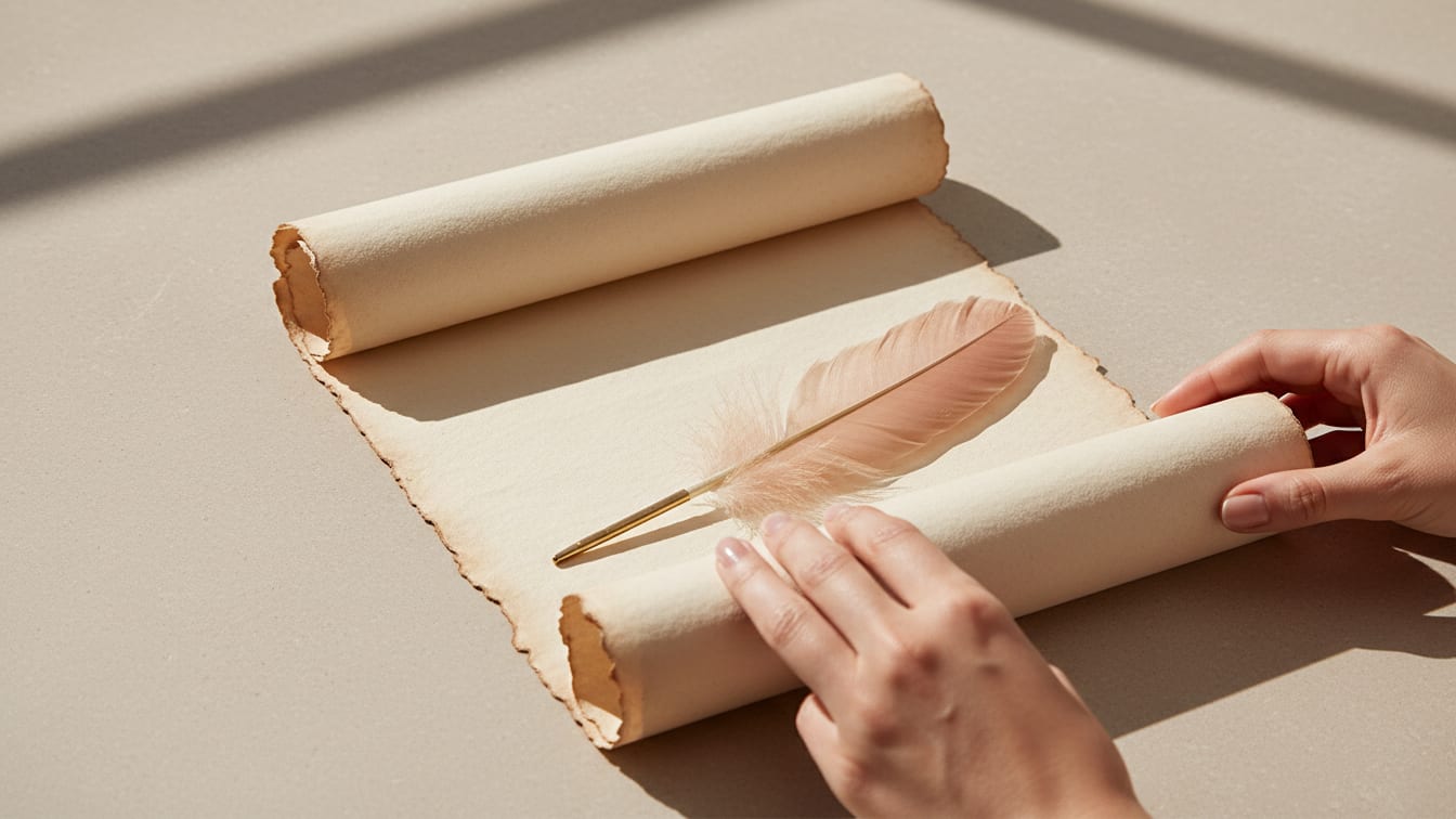 Illustration: A blank parchment scroll and a gold feather quill on a beige surface in natural light.