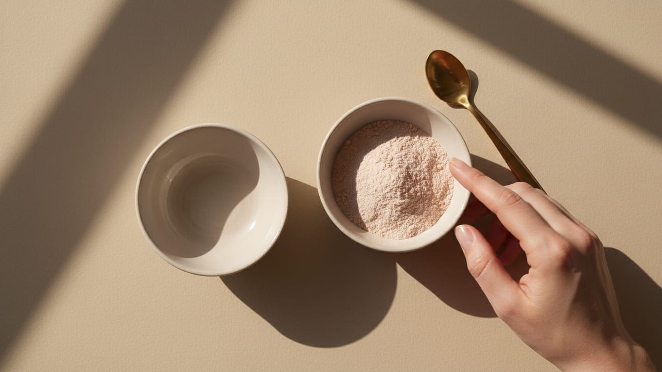 Illustration: Two unbranded ceramic bowls, one with a rose-beige powder, on a beige surface in natural light.