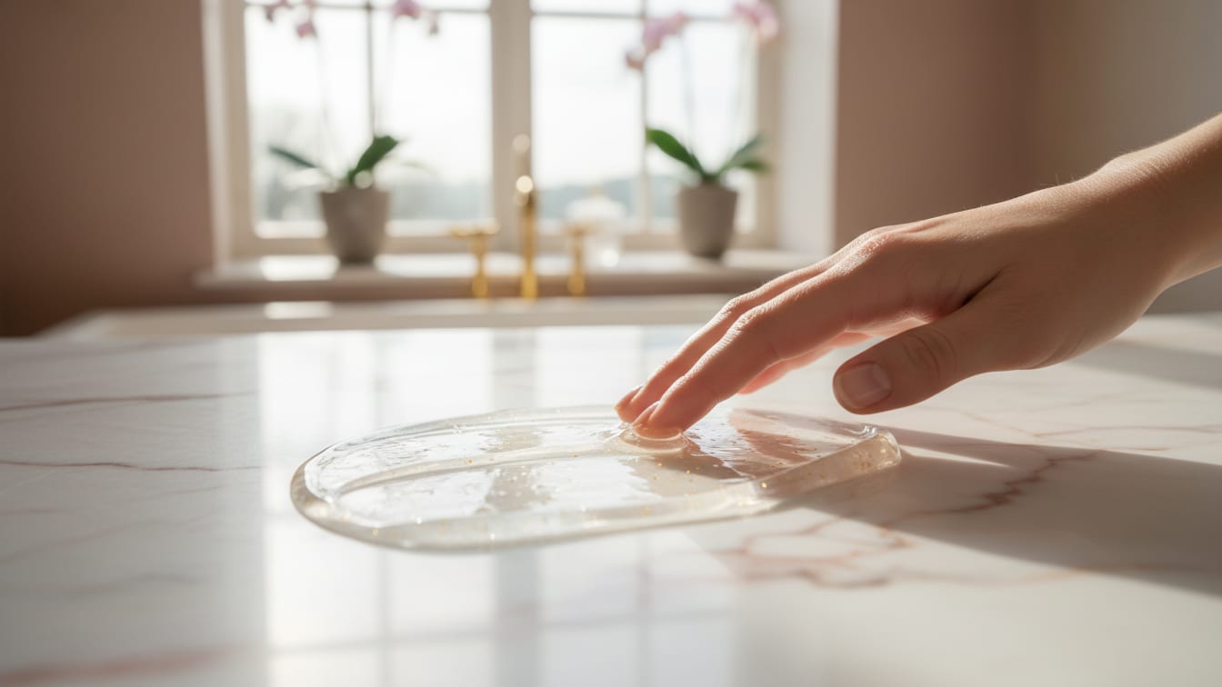 Illustration: A clear gel mask texture with gold specks on marble, illuminated by natural light.