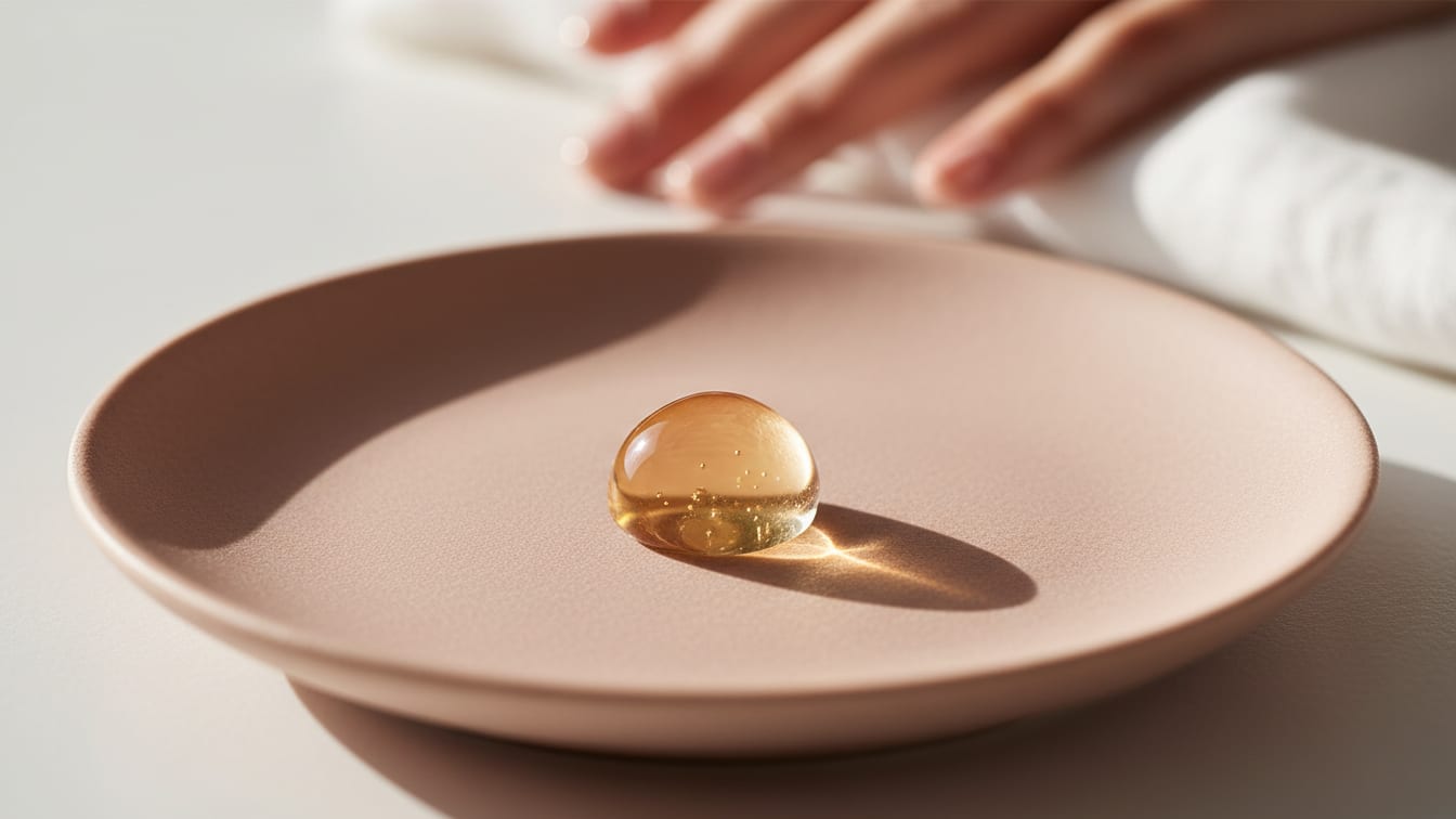 Illustration: An amber gel bead on a rose-beige ceramic plate, a hand resting on linen behind it.