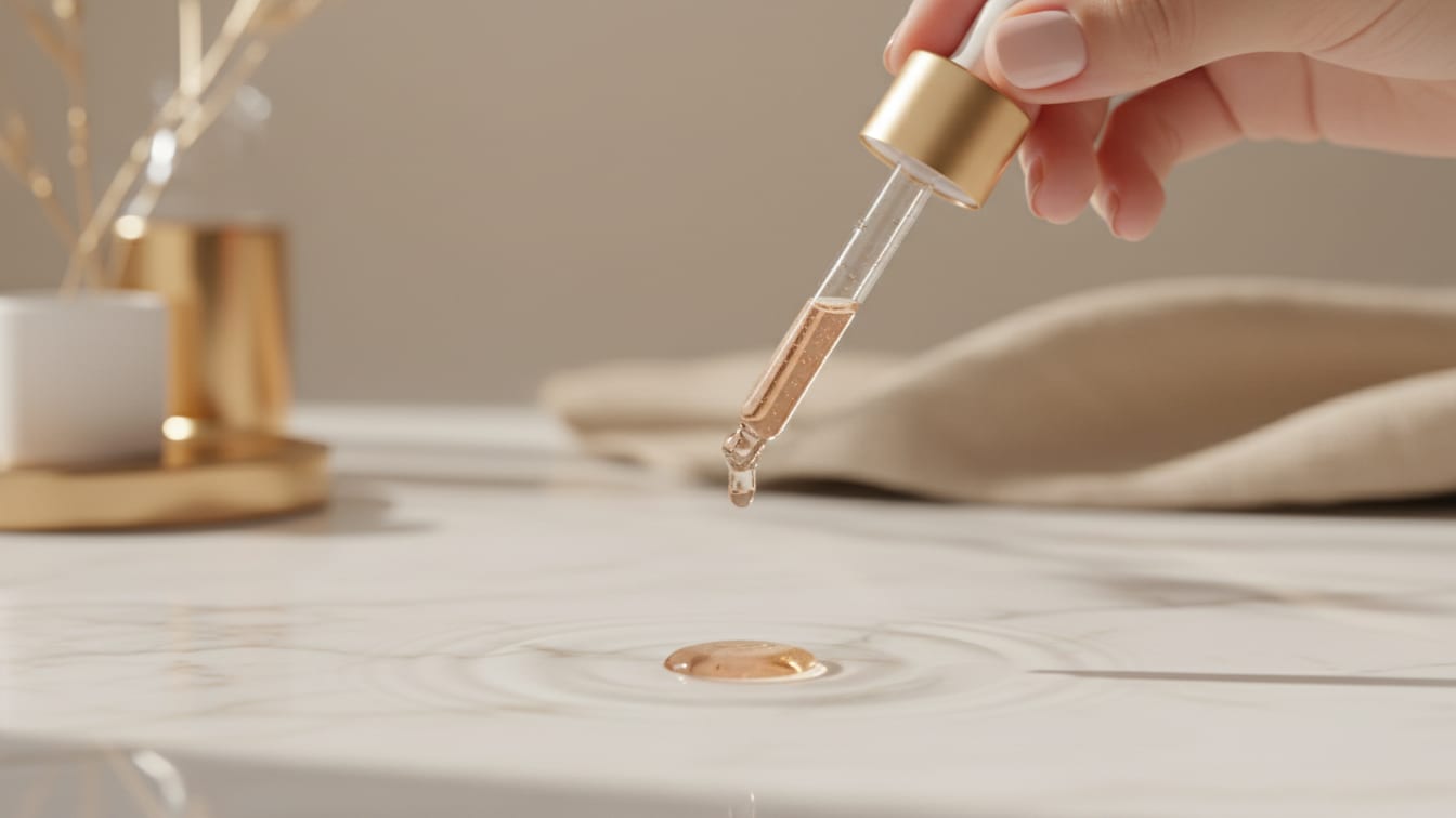 Illustration: A glass dropper releases serum onto a marble surface, emphasizing texture and light.