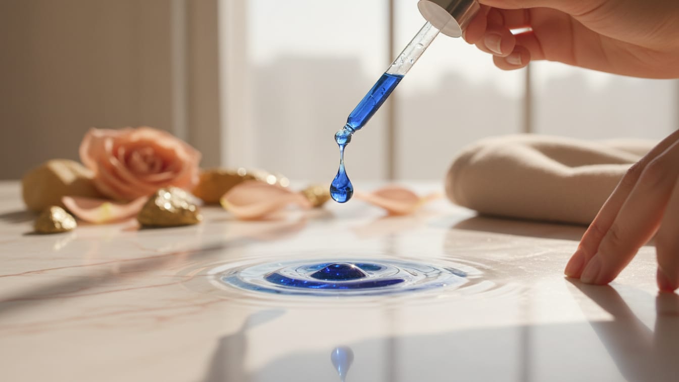 Illustration: A dark blue serum drop falling onto a white marble surface, illuminated by natural morning light.