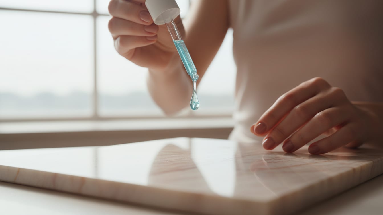 Illustration: A drop of blue serum descends from a glass dropper onto a marble surface, capturing morning light.