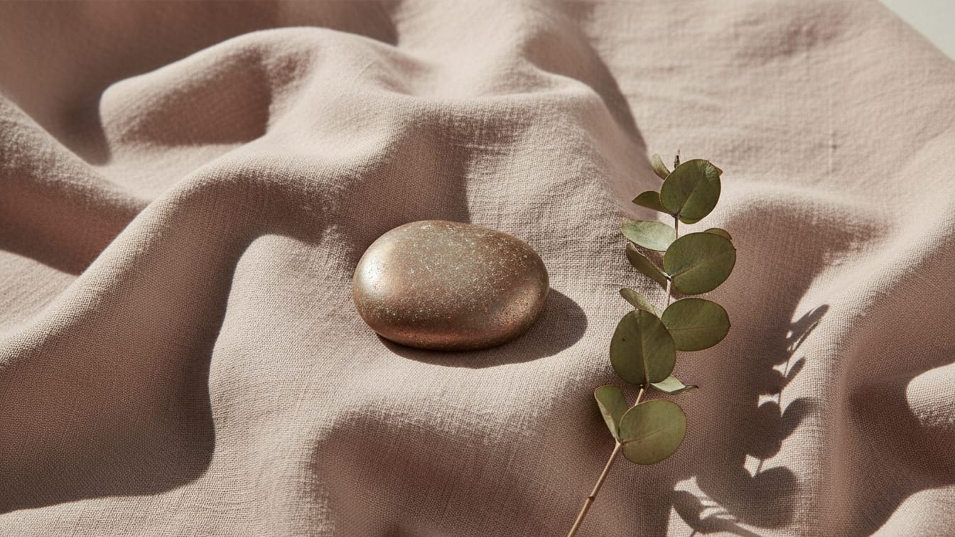Illustration: A smooth stone with a faint copper sheen on folded rose-beige linen beside dried eucalyptus.