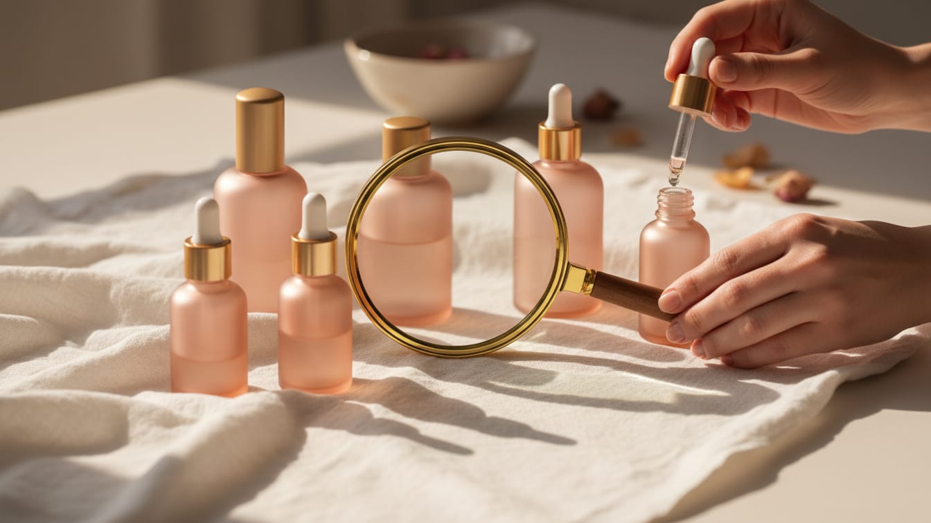 Illustration: A magnifying glass among frosted pink dropper bottles on white linen, with a pair of hands filling a dropper.