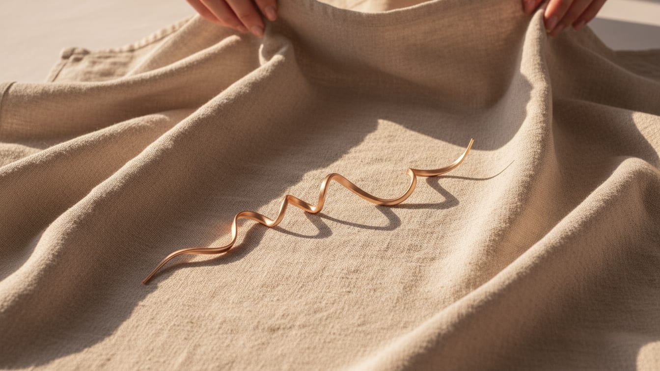 Illustration: A golden, abstract peptide chain resting on a soft beige linen towel, lit by morning light.