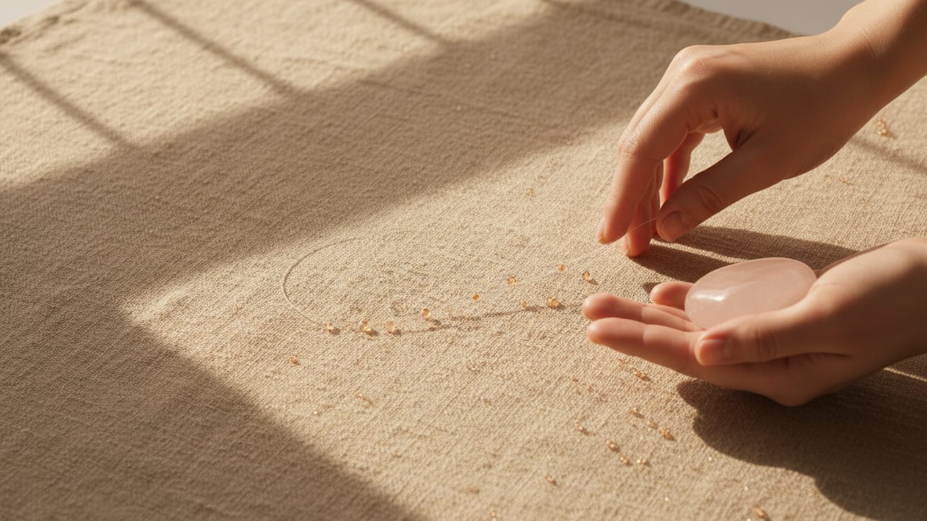 Illustration: A delicate, single-thread suture on warm beige linen fabric, lit by morning light.