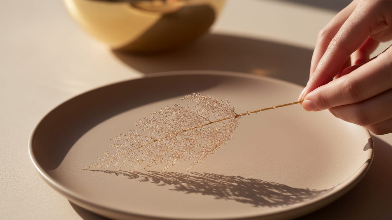 Illustration: A delicate skeleton leaf on a beige ceramic plate in warm natural light.