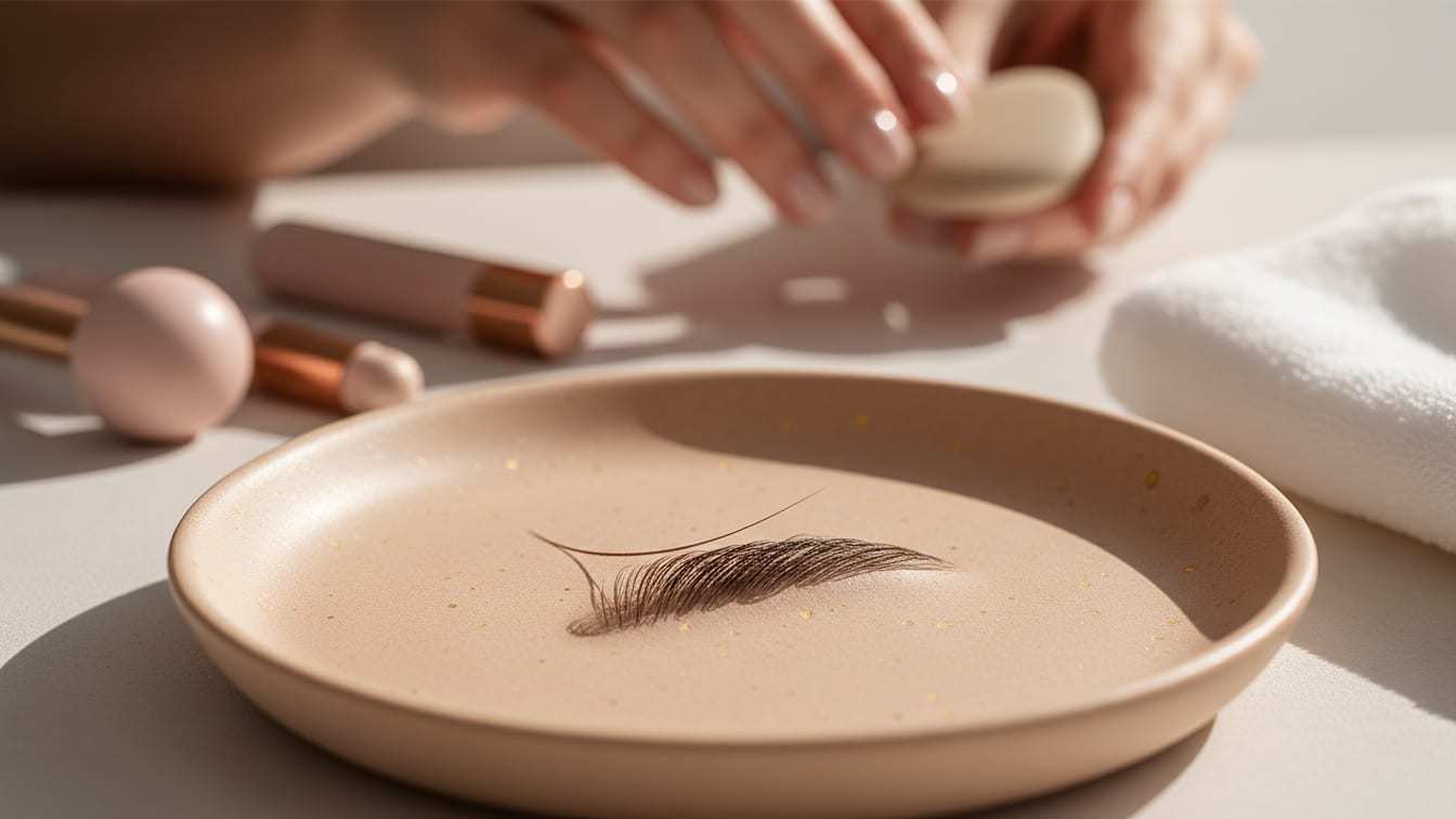 Illustration: A single eyebrow hair on a warm beige ceramic, lit by soft morning light.