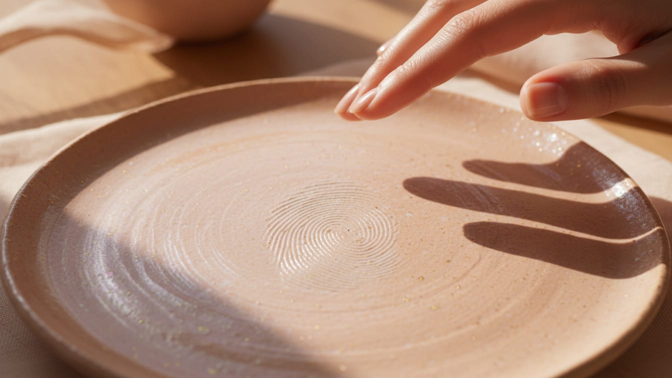 Illustration: A subtle, iridescent sheen on a rose-beige ceramic surface with a faint fingerprint swirl.
