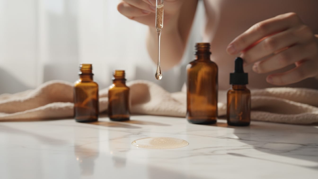 Illustration: A golden-hued serum drop hovers above a marble surface, with blurred amber bottles and a linen towel in the.