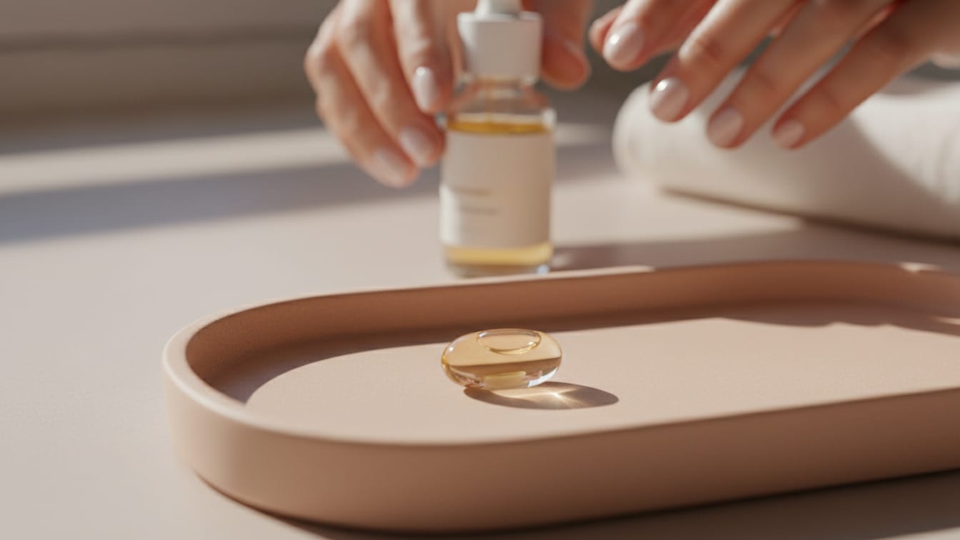 Illustration: A clear capsule on a warm rose-beige ceramic surface in soft morning light.