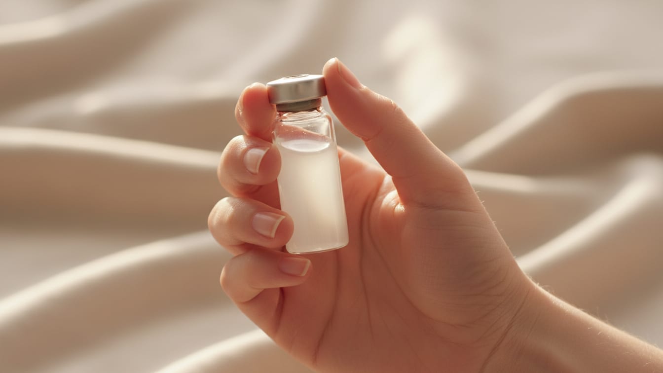 Illustration: A hand holds a clear glass vial with a pale liquid, lit by soft morning light.