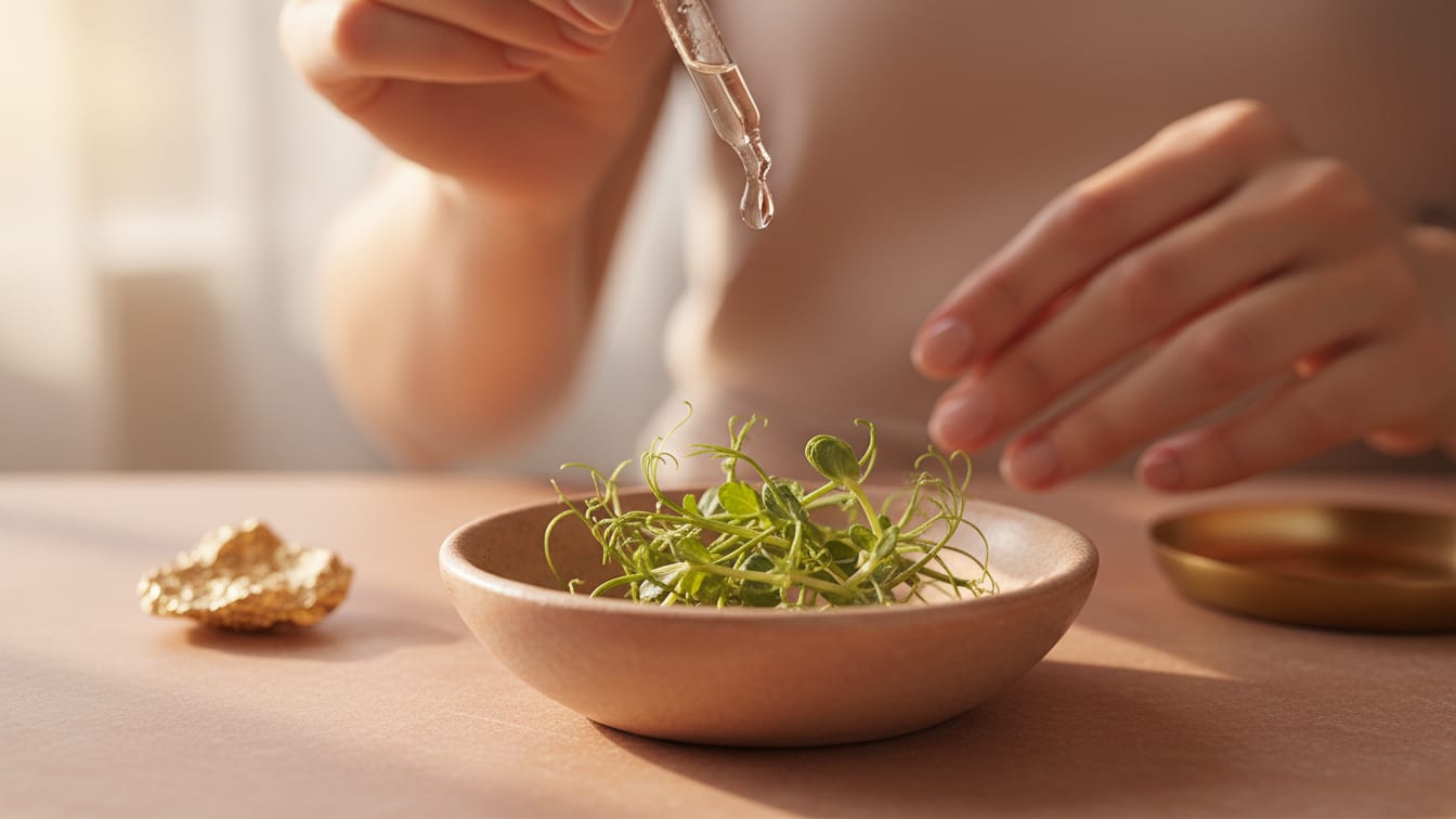 Illustration: A drop of clear liquid hovers above dried pea sprouts in a ceramic dish on a rose-beige surface.